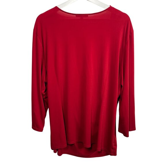Sandra Darren Plus Size 24W Red Faux Wrap Blouse Womens 3/4 Sleeve Stretch Top - Picture 2 of 12